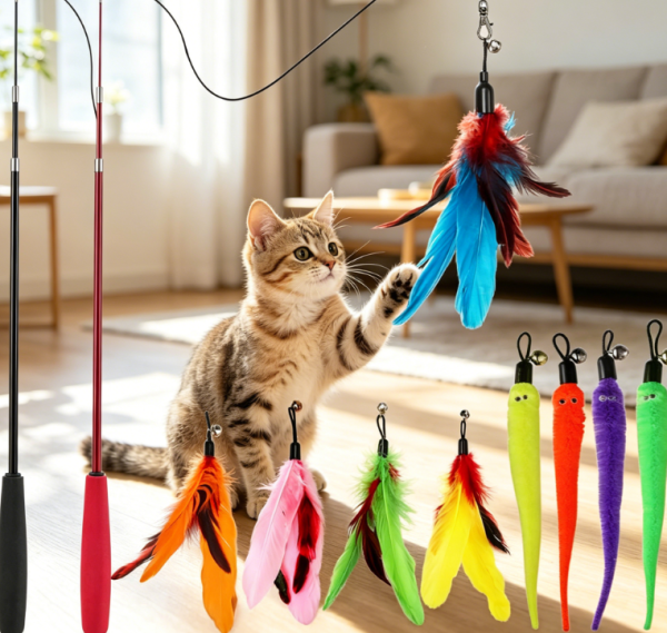 Retractable Cat Wand and Feather Refills – Chase and Exercise Toy for Indoor Cats