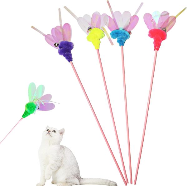 Shiny Insect Cat Teaser Wands – 4 Pieces, with Bell, Interactive Cat Sticks