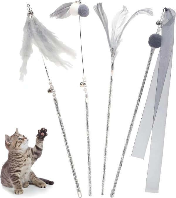 Interactive Cat Fishing Rod – 4 Pieces, with Feathers and Bell, Grey Rod Teaser Set