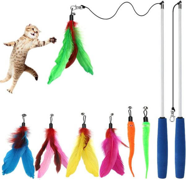 Retractable Cat Feather Wand – 2 Wands + 7 Refills with Bells, Telescopic Fishing Pole Toy