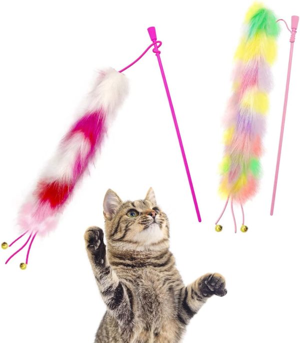 Rainbow Cat Wand Toy – 2 Pack, with Bells and Soft Furry Tail, for Indoor Kittens