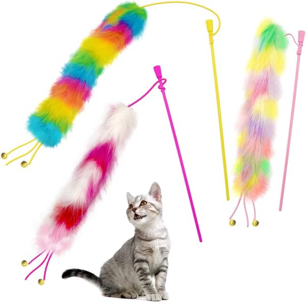 Rainbow Cat Wand Toy – 3 Pack, with Bells and Soft Furry Tail, for Indoor Kittens