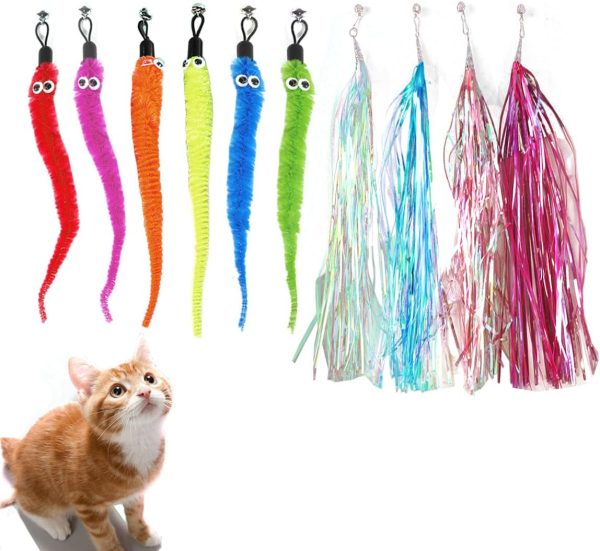 Colourful Feathered Cat Toy Refills – 10 Pack, for Fishing Pole Toys, Worm and Tassel Style
