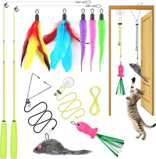 Interactive Cat Toy Set – 2 Retractable Wands + 2 Door Hanging Toys (Mouse, Fish) + 5 Teaser Toys