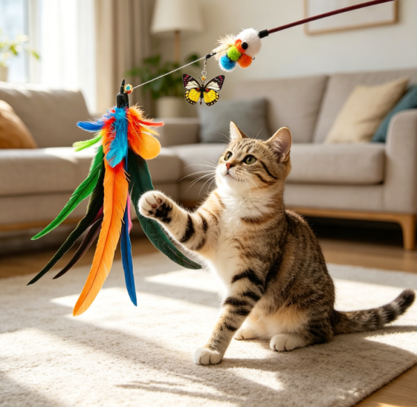 Extra Long Cat Teaser (50"+38") – 2 Wands + 9 Feather Refills, Retractable Fishing Pole Toy